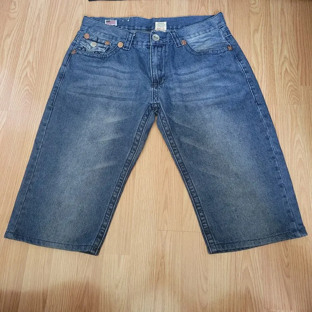 True Religion Mens Denim Shorts Sz 34 Blue‎ Jean Medium Wash Whiskers